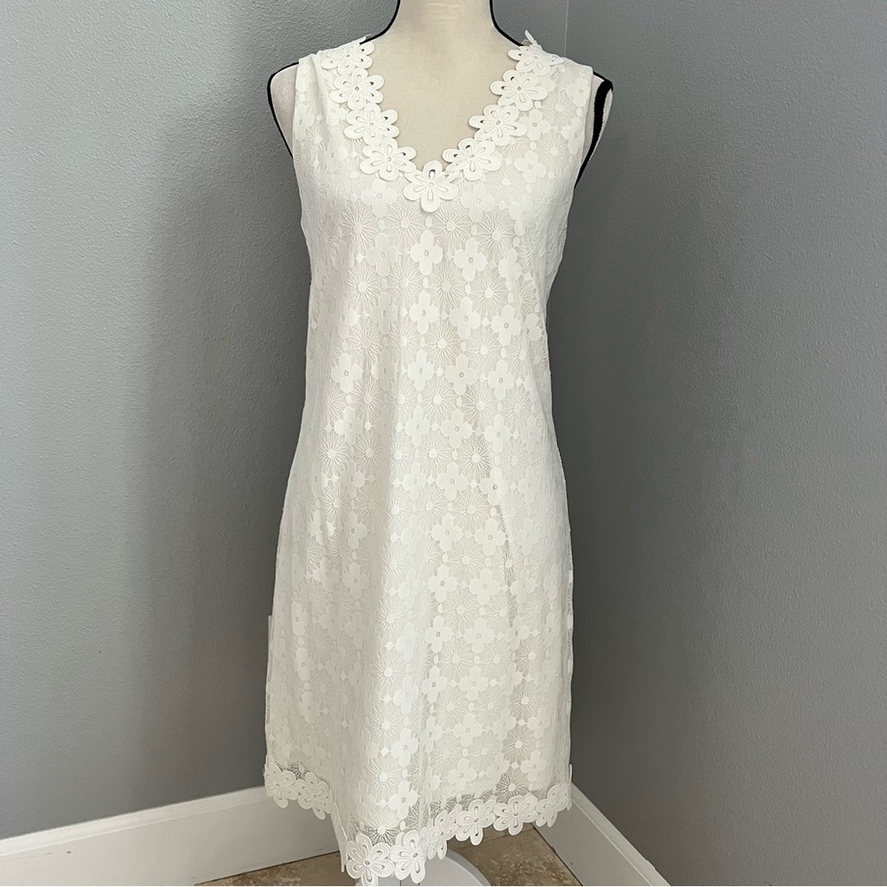 London Times White Midi Dress with Lace Trim - Picture 1 of 13